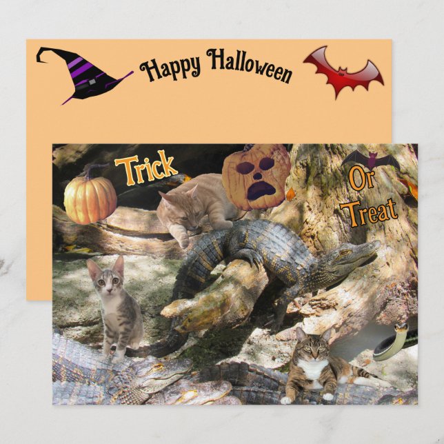 Carte de vœux plate de chat et d'alligator de Flor (Devant / Derrière)
