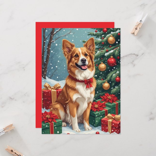 Carte de vœux plate de chien de Noël marron et bla (Devant/Arrière en situation)