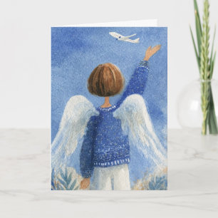 Carte de vœux pliée 5x7 - Femme ange et avion