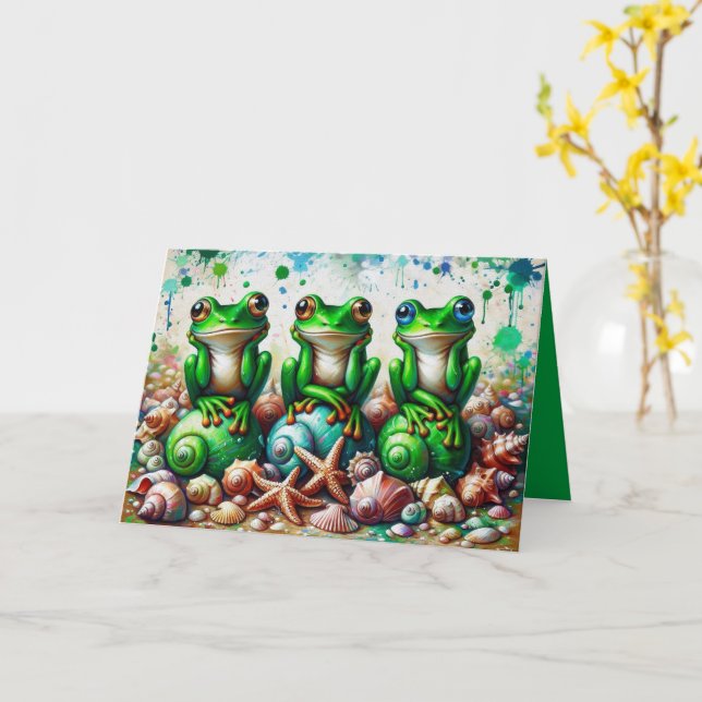 Carte de voeux pliée avec trois grenouilles (Fleur jaune)