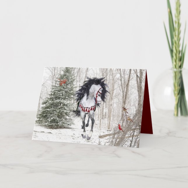 Carte de vœux pliée Cheval de Noël et Cardinaux (Devant)