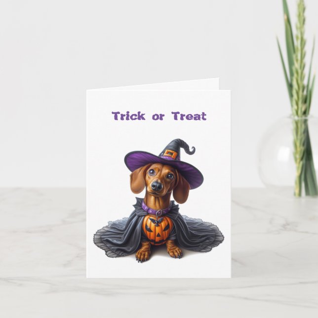 Carte de voeux pliée Dachshund Halloween Witch (Devant)
