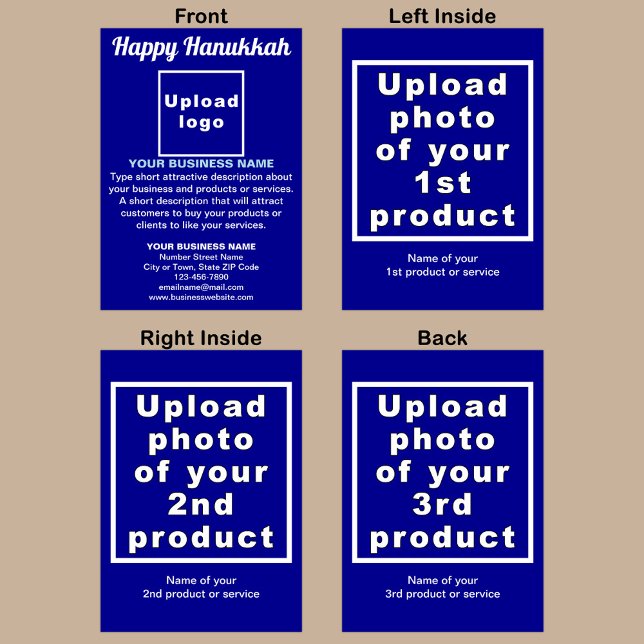 Carte de voeux pliée en bleu Hanoukka Business (Blue Hanukkah folded greeting card with your business brand and products or services.)