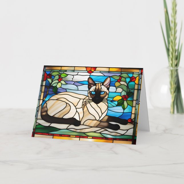 Carte de voeux pliée en verre de chat de Siamese (Devant)