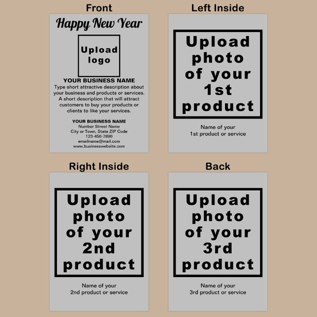 Carte de voeux pliée gris pour le Nouvel An profes (Gray New Year folded greeting card with your business brand and products or services.)