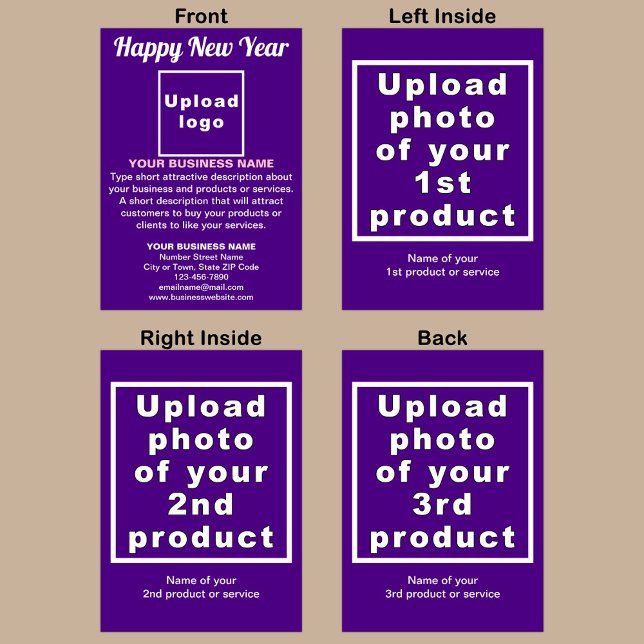Carte de voeux pliée violet pour le Nouvel An prof (Purple New Year folded greeting card with your business brand and products or services.)