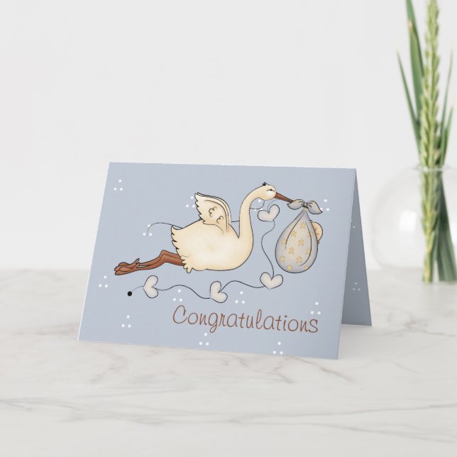 Carte de voeux pour bébé portant une cigogne (Devant)