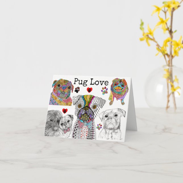 Carte de voeux pour chien de Carlin mignonne et co (Fleur jaune)