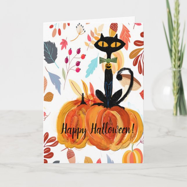 Carte de voeux pour Halloween Chat noir et Citroui (Devant)