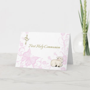 Carte de voeux pour la première communion rose de 