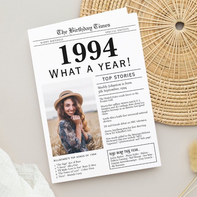 Carte de voeux pour l'anniversaire du journal 1994 (Birthday Card, born in 1994 newspaper personalized with photo, trivia and fun facts)