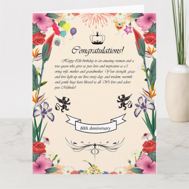 Carte de voeux pour le 80e anniversaire de Melinda (Devant)