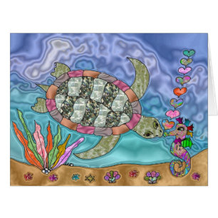 Carte de voeux Psychedelic Sea Turtle Seahorse Art