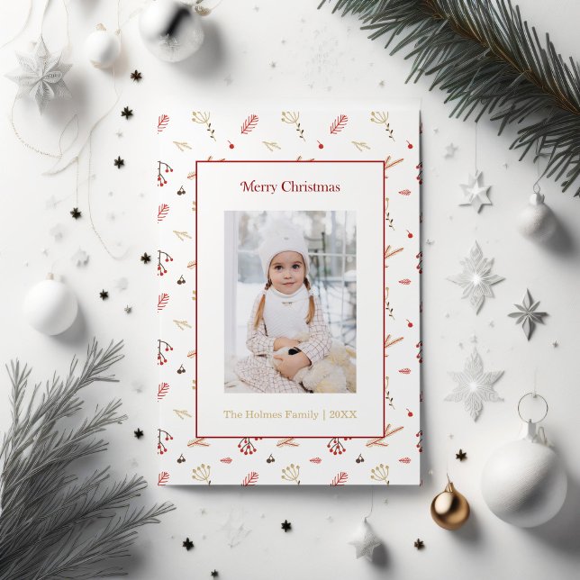 Carte de voeux Red Holly Berry (Red Mistletoe and custom photo Christmas card sorrounded by white and silver Christmas ornaments)