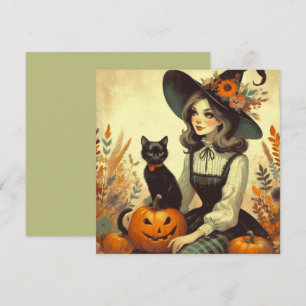 Carte de voeux rétro Halloween Witch et Black Flat
