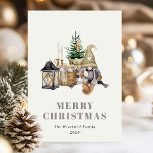 Carte de vœux rustique aquarelle Hygge Gnome Noël