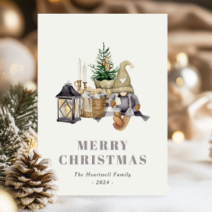 Carte de vœux rustique aquarelle Hygge Gnome Noël