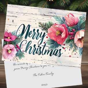 Carte de voeux Rustique Joyeux Noël avec Fleurs