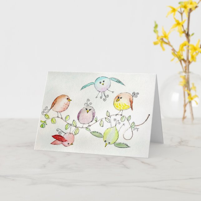 Carte de voeux - Silly Little Birdies (Fleur jaune)