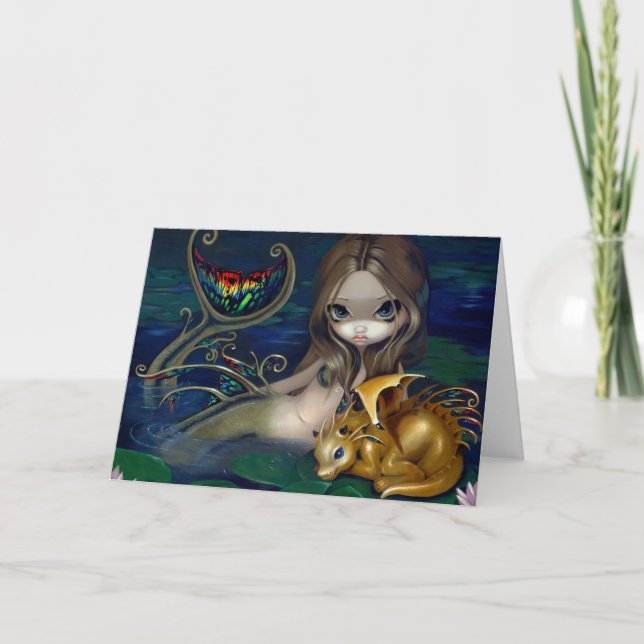Carte de voeux "Sirène avec un Dragon d'Or" (Devant)