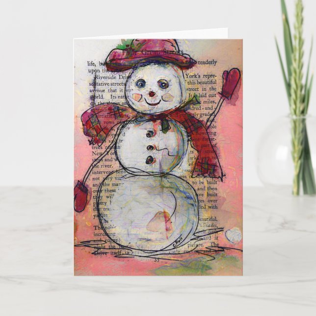 Carte de voeux, Snowman avec casquette rouge et fo (Devant)