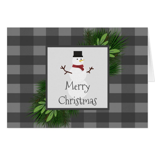 Carte de voeux Snowman Gris Buffalo Plaid (Devant horizontal)