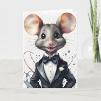 Carte de vœux souris élégante en smoking aquarelle