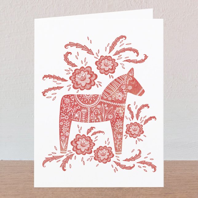 Carte de voeux Suédoise Cheval Rouge et Blanc (Swedish Dala Horse red and white folded greetings card with custom text)