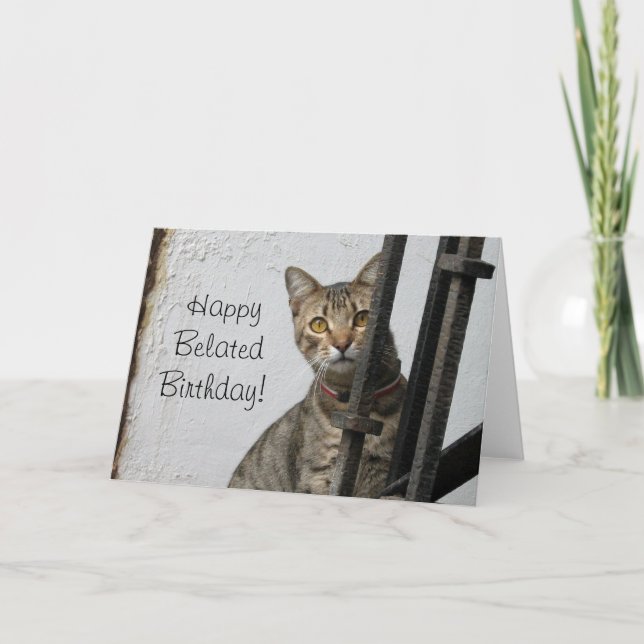 Carte de voeux tardive heureuse de chat tigré (Devant)