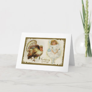 Carte de voeux Thanksgiving Turkey et Little Girl 