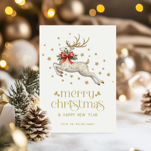 Carte de vœux typographie or Renne de Noël