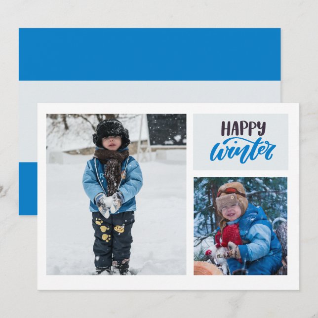 Carte de vœux Typography Happy Winter Blue Two Pho (Devant / Derrière)