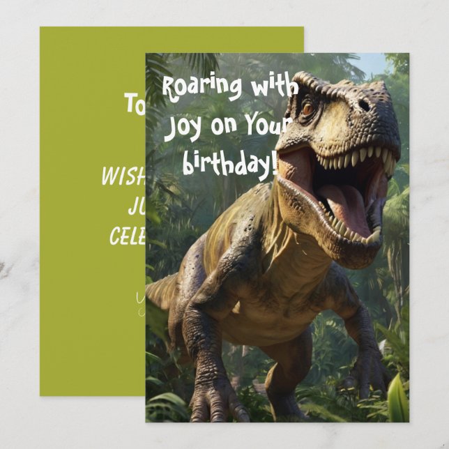 Carte de voeux verte d'anniversaire de Dinosaur (Devant / Derrière)