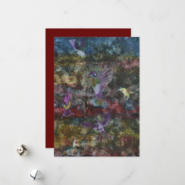 Carte de voeux vierge de colibris en vol (Devant/Arrière en situation)