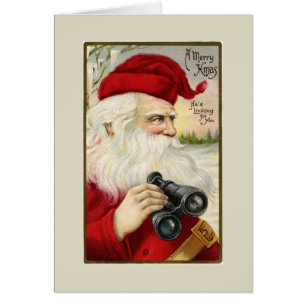 Carte de voeux vintage Père Noël Holding Binoculum