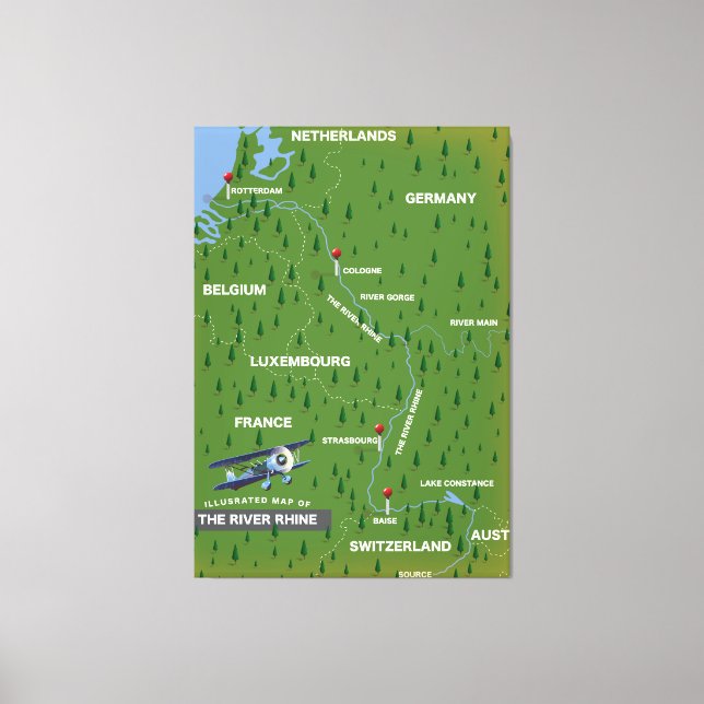 Carte de voyage du Rhin rétro. Impression Canvas (Recto)