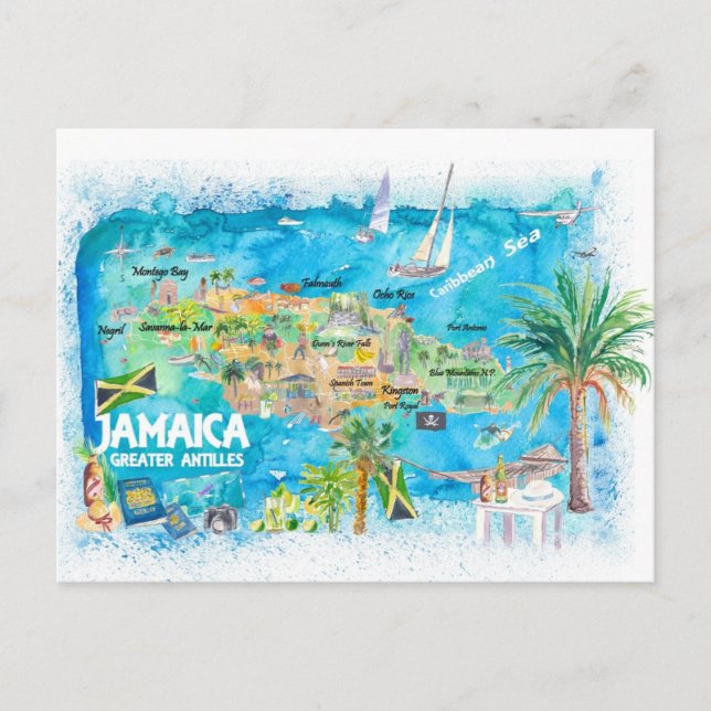 Carte de voyage illustrée de Jamaïque avec routes (Devant)