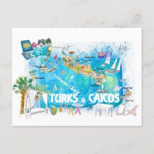 Carte de voyage illustrée des Antilles de Turks & 