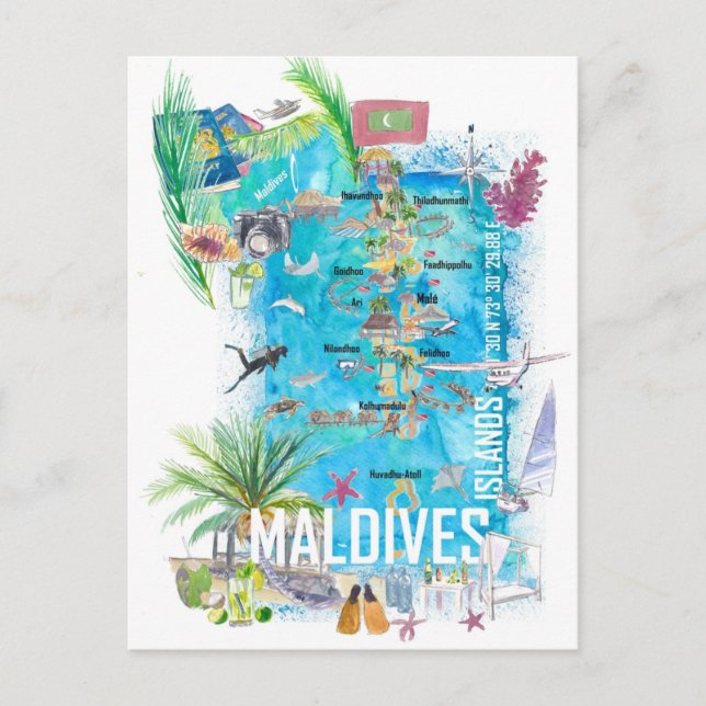 Carte de voyage illustrée des îles Maldives (Devant)
