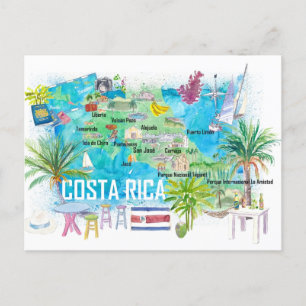 Carte de voyage illustrée du Costa Rica avec route