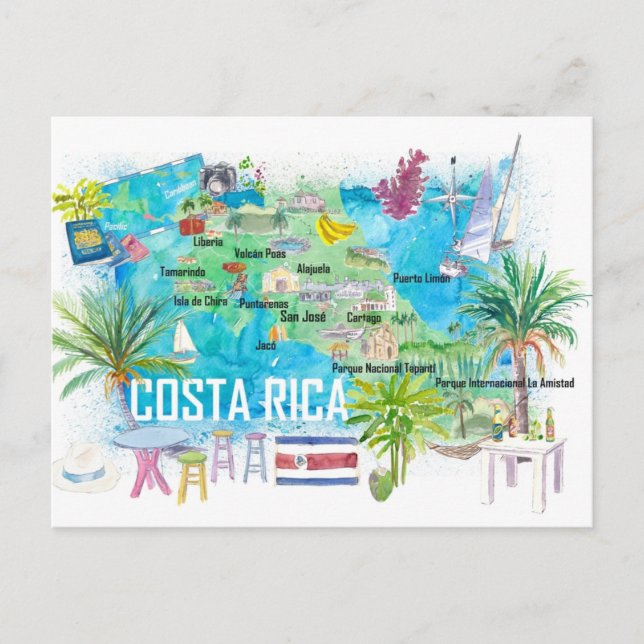 Carte de voyage illustrée du Costa Rica avec route (Devant)