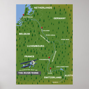 Carte de voyage rétro du fleuve Rhin. Affiche