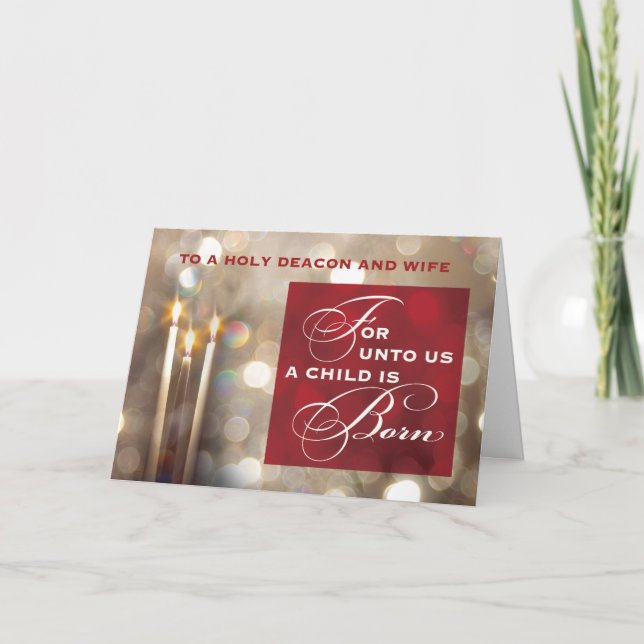 Carte Deacon et femme bougies de Noël L'enfant est né (Devant)