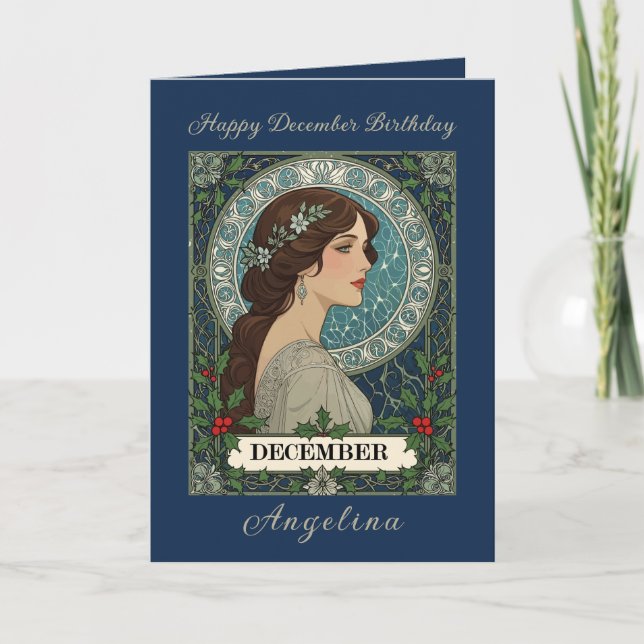 Carte December Birthday Holly Berries Winter Blue (Devant)