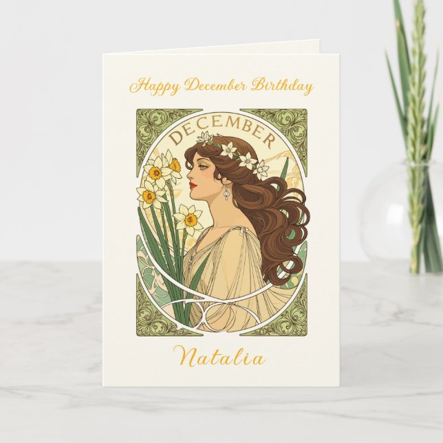 Carte December Birthday Narcissus Art Nouveau Illustrati (Devant)