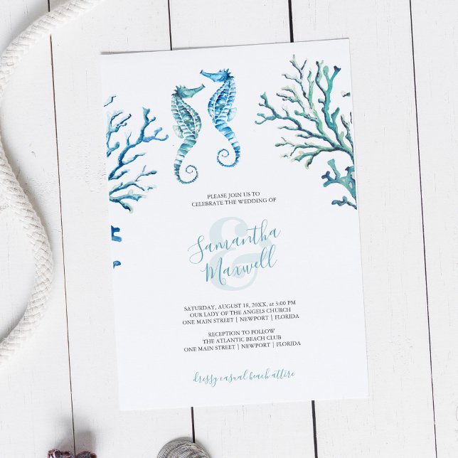 Carte Décontracté Turquoise Blue Seahorse Aquarelle Invi (Beach wedding invitation unique seahorse watercolor art by Victoria Grigaliunas)