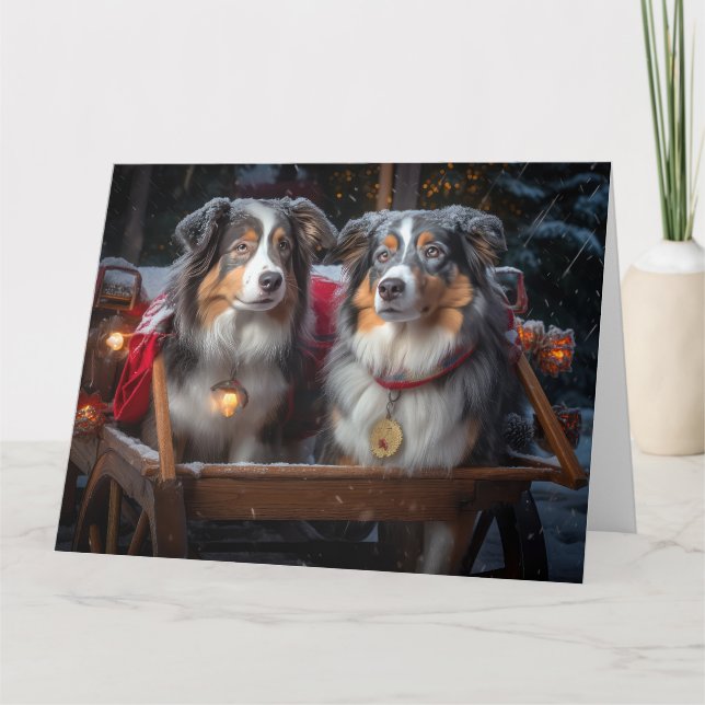 Carte Décor de Noël du berger australien Snowy Sleigh (Devant)