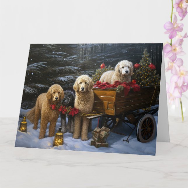 Carte Décor de Noël Goldendoodle Snowy Sleigh (Orchidée)