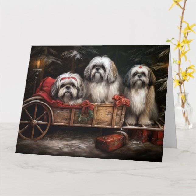 Carte Décor de Noël Lhasa Apso Snowy Sleigh (Fleur jaune)