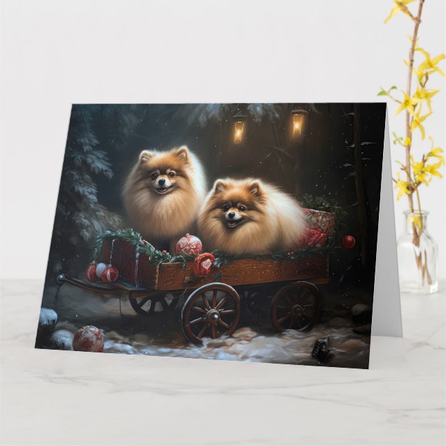 Carte Décor de Noël Poméranien Snowy Sleigh (Fleur jaune)